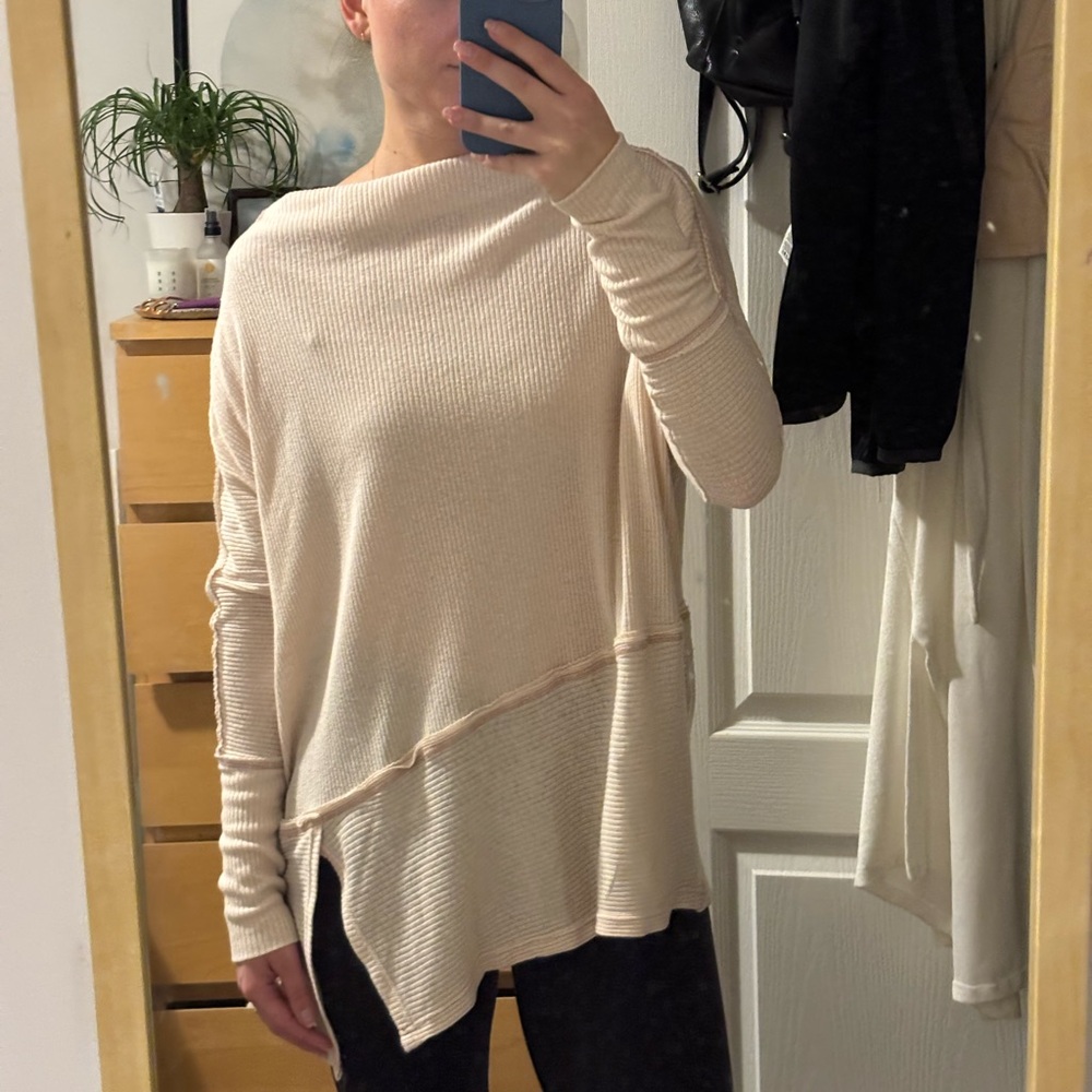 Free People Cream Asymmetrical Knit Sweater